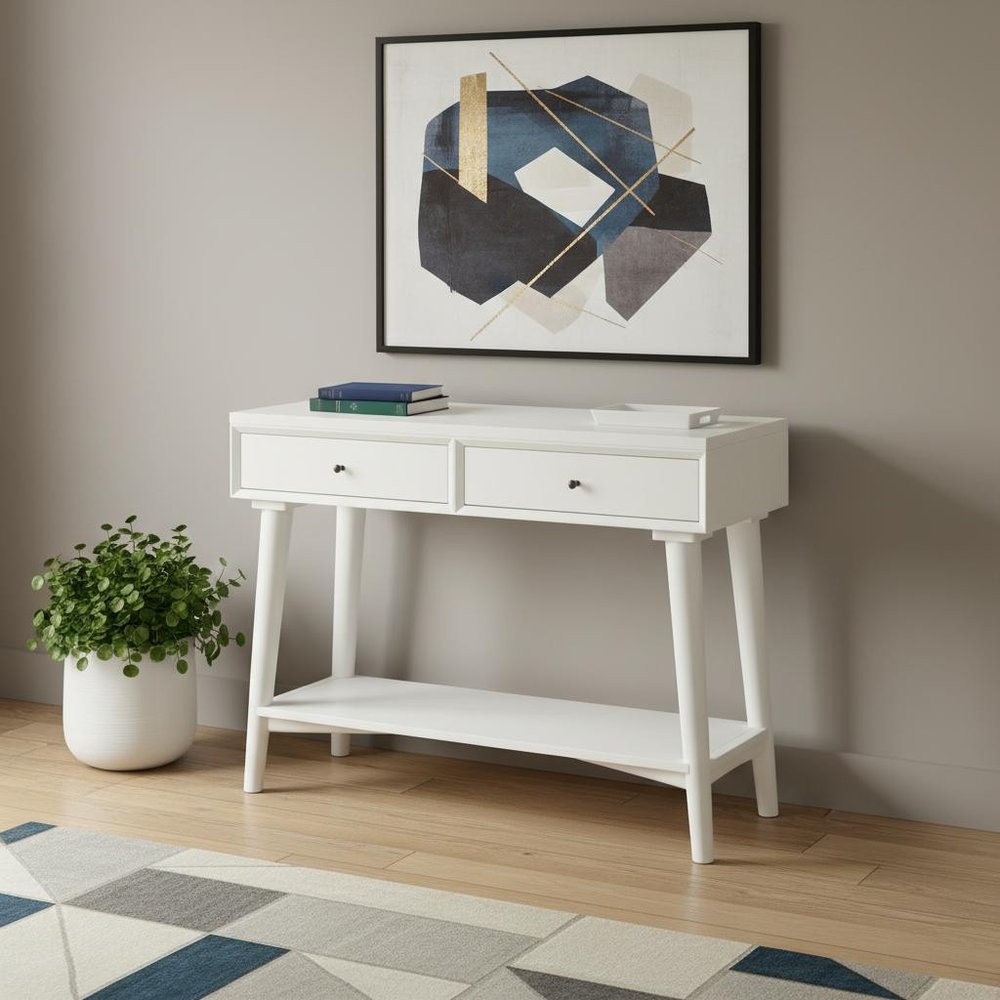 42" White Solid Wood Console Table With Shelves And Drawers