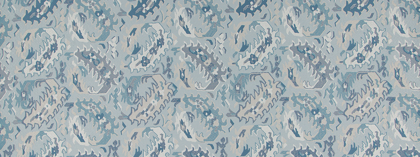 Repeating pale blue fabric pattern with medium blue botanical/scroll motifs across a light-blue background