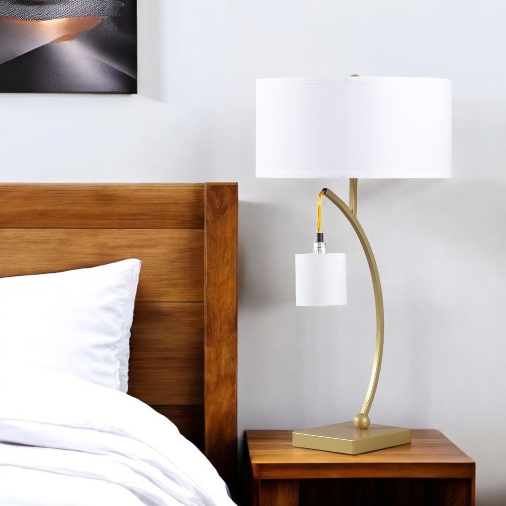 29" Gold Metal Two Light Arched Table Lamp With White Drum Shade