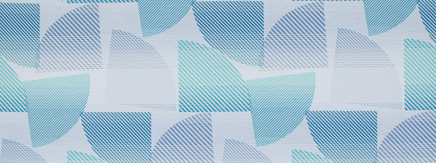 Abstract blue geometric pattern on upholstery fabric, featuring curved striped shapes in teal, cyan and blue on white.