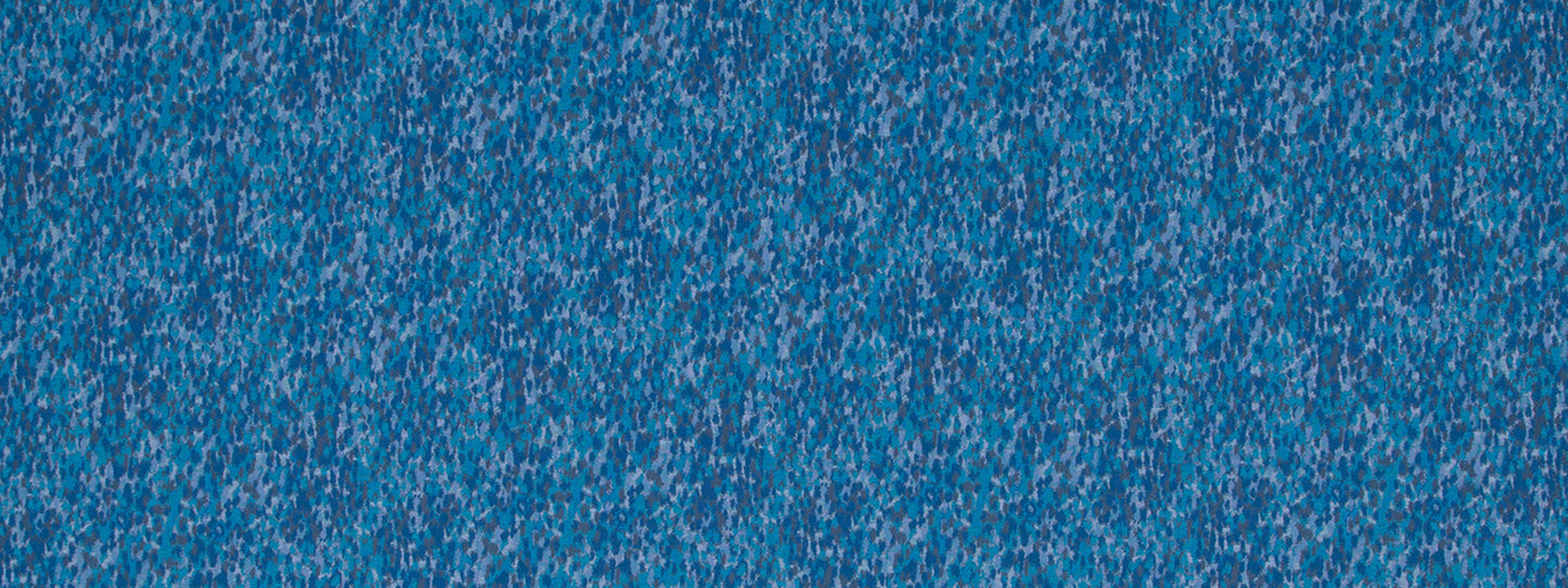 Close-up of blue speckled textured upholstery fabric with tiny white flecks.