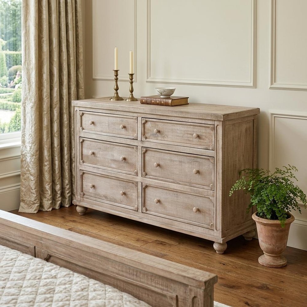 70" Natural Solid Wood Six Drawer Double Dresser