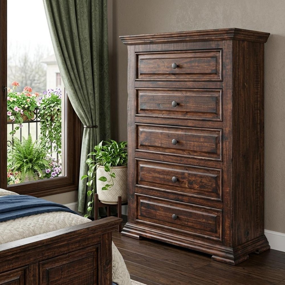 37" Chocolate Solid Wood Five Drawer Dresser