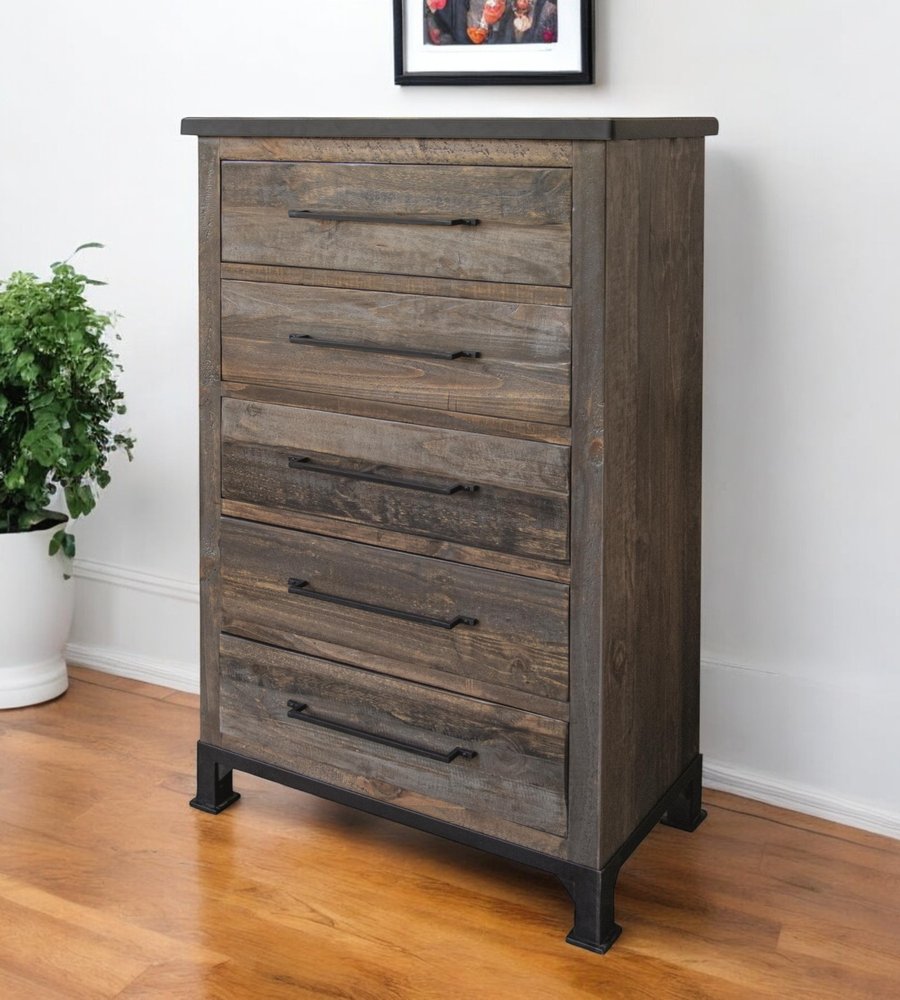 36" Gray Solid Wood Five Drawer Dresser