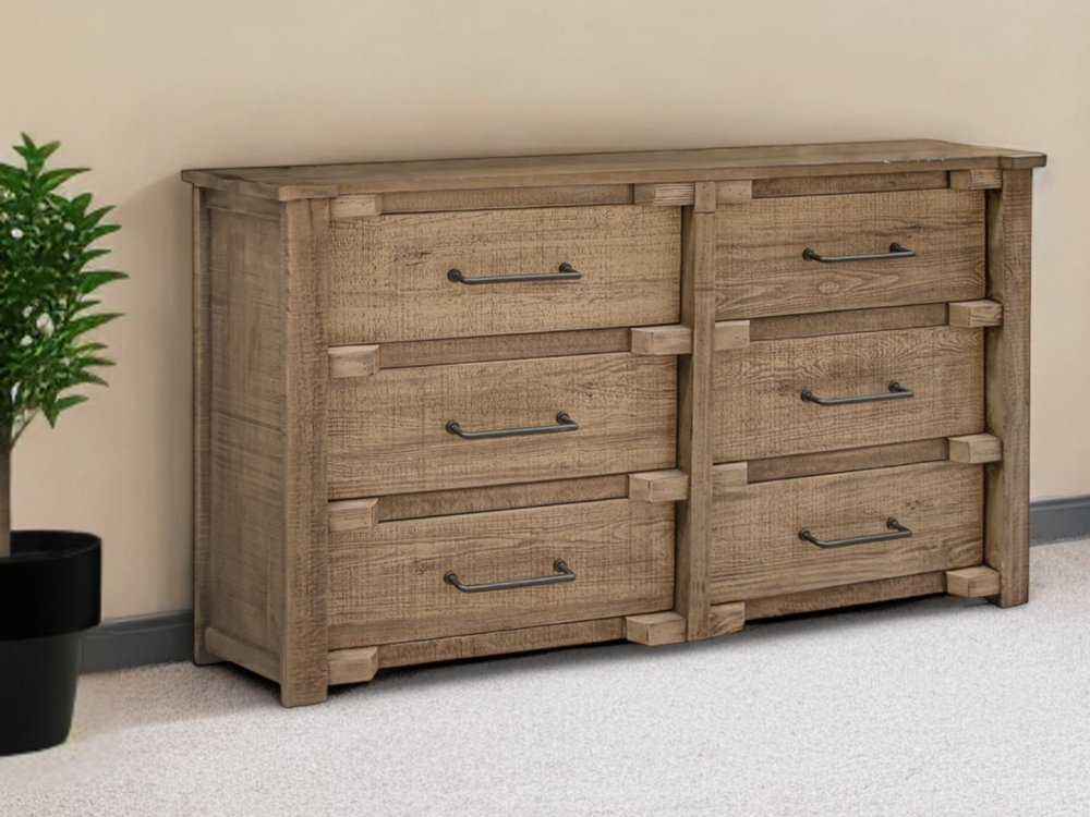 Rustic six-drawer dresser with woven-front panels, weathered brown wood and matte black handles.