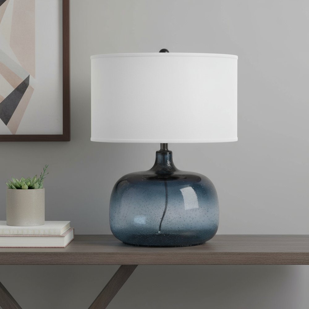 24" Dark Blue Glass Table Lamp With White Novelty Shade