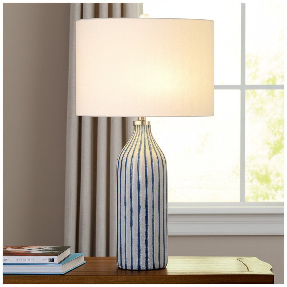 30" Gray And Aqua Glass Table Lamp With White Drum Shade