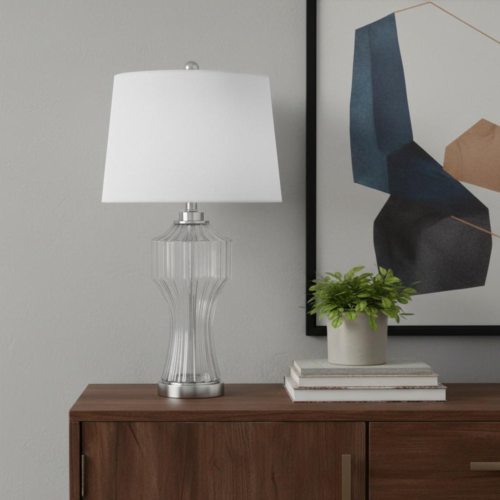 26" Clear Glass Table Lamp With White Empire Shade