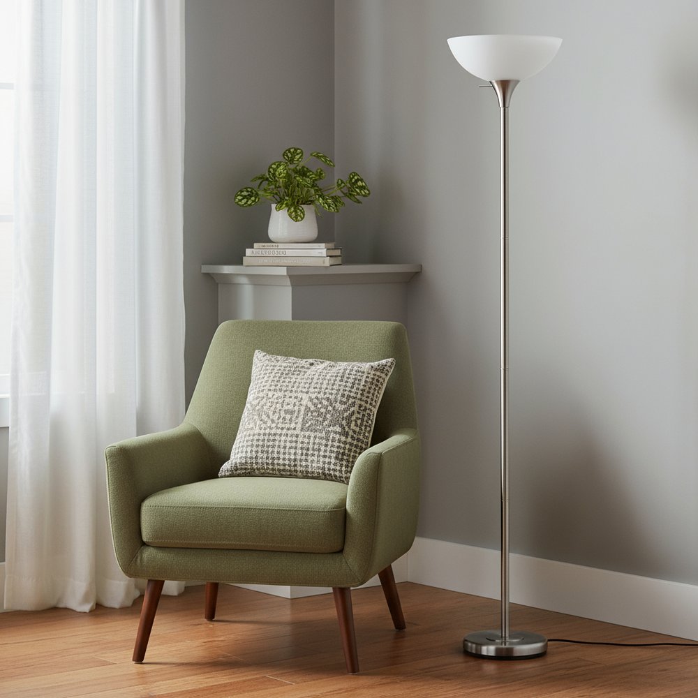 70" Nickel Metal Torchiere Floor Lamp With White Glass Dome Shade