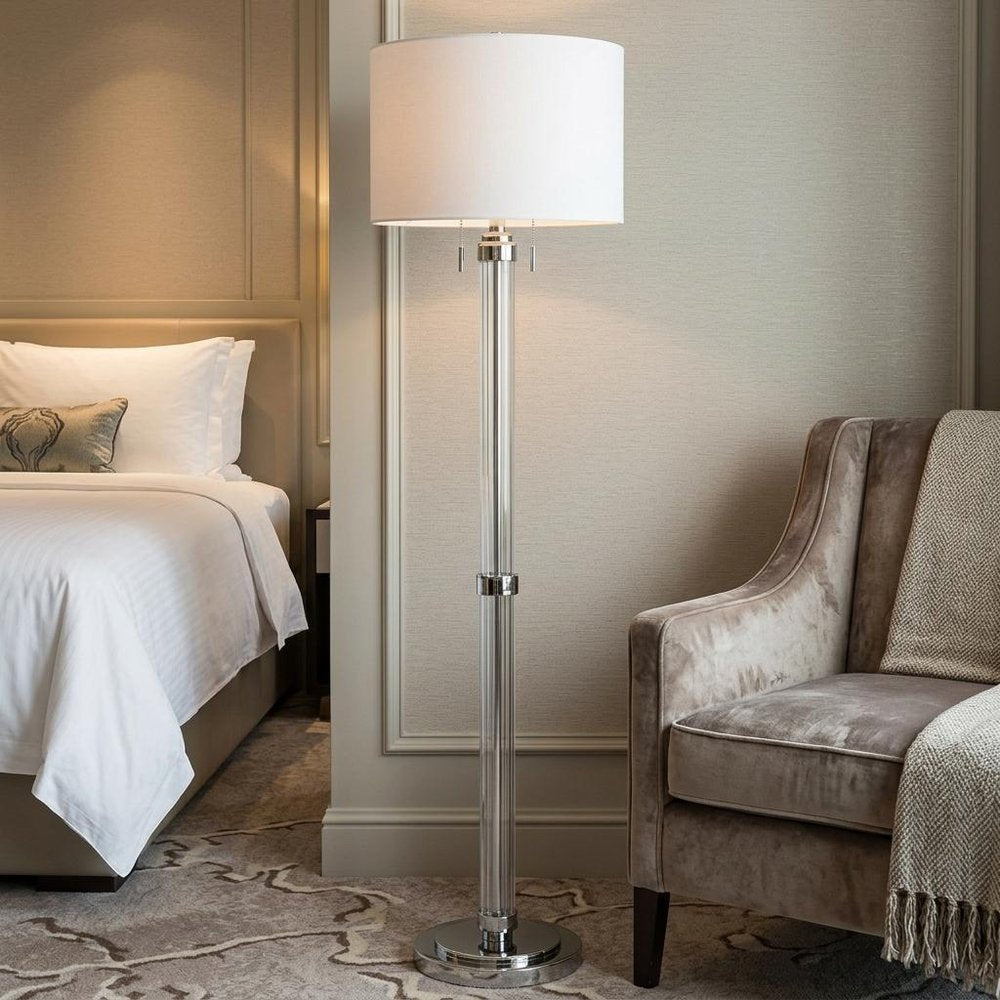 60" Chrome Two Light Traditional Shaped Floor Lamp With White Rectangular Shade