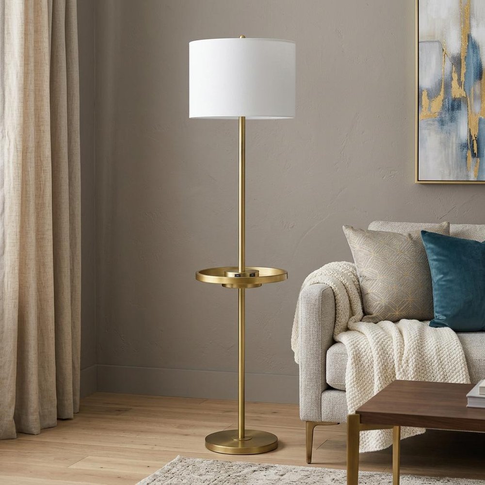 62" tall nickel tray-table floor lamp with white drum shade