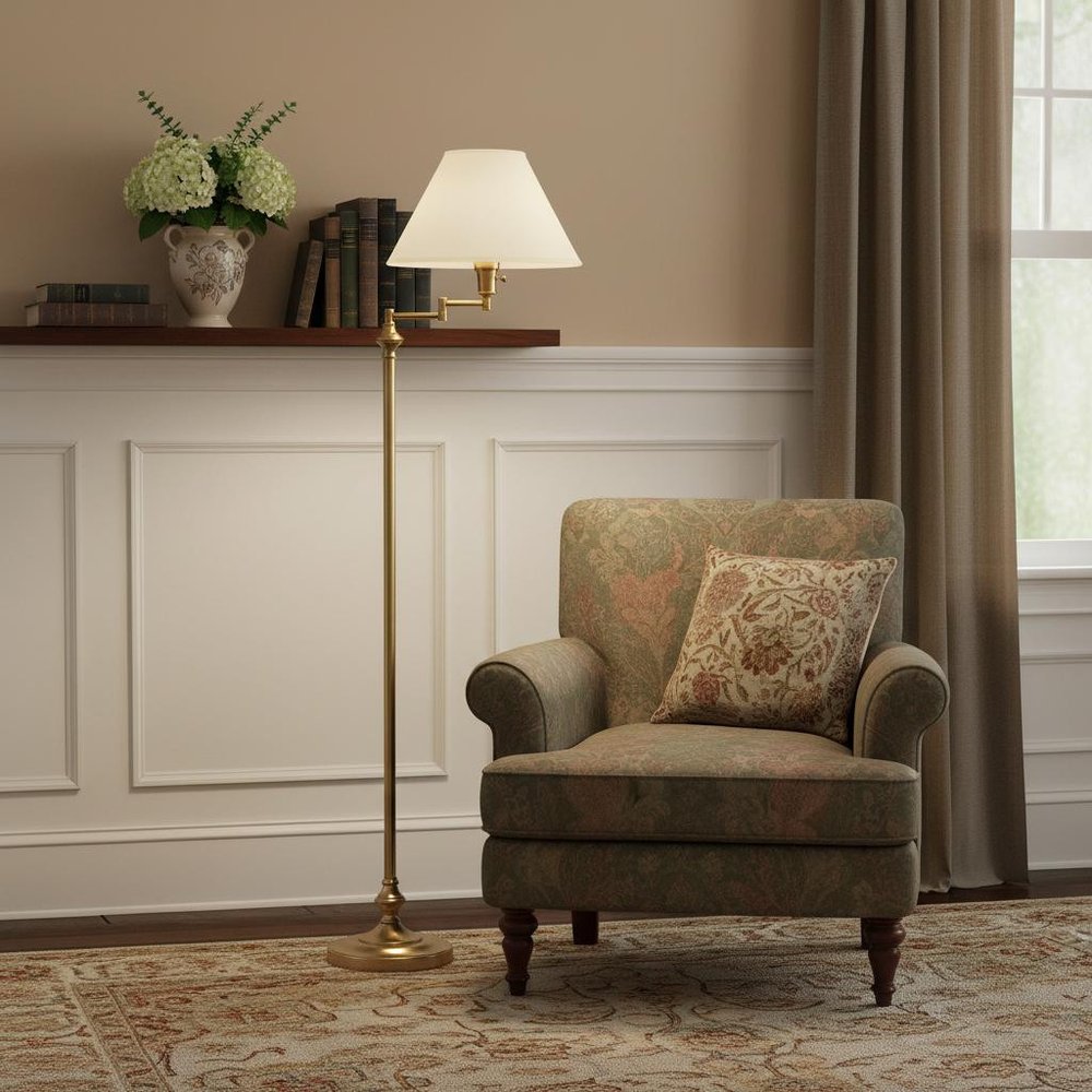 59" Bronze Metal Swing Arm Floor Lamp With Beige Fabric Empire Shade