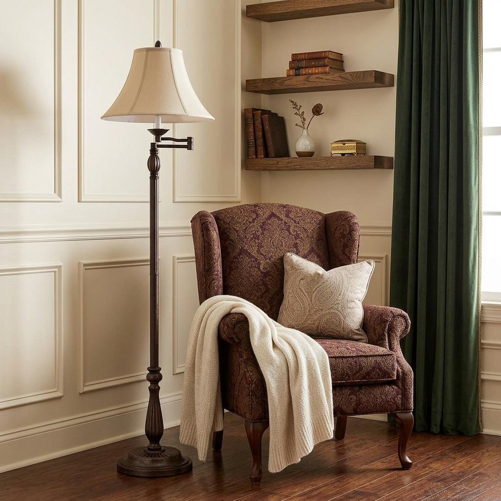 62" Rusted Swing Arm Floor Lamp With Champagne Bell Shade