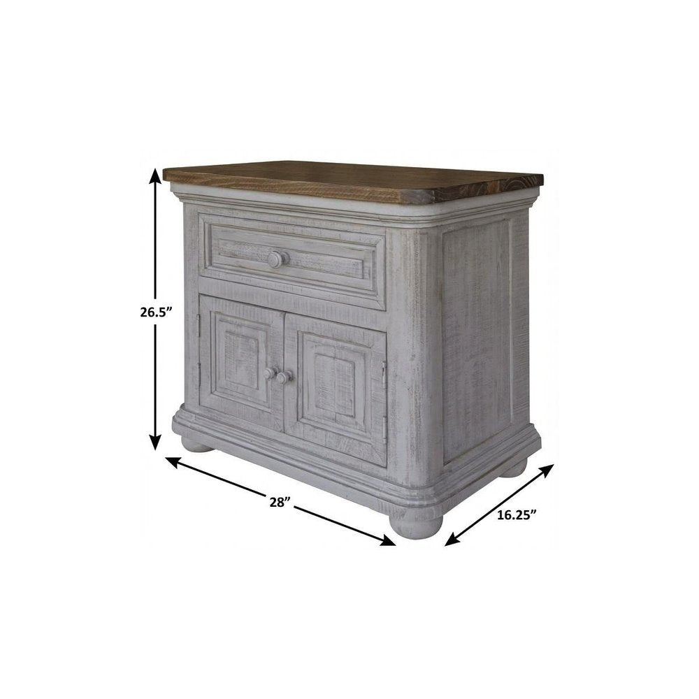 Distressed gray wood nightstand with brown wood top, one drawer and two panel doors, bun feet, 26.5h x 28w x 16.25d