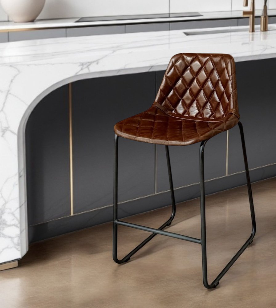 27" Brown and Black Leather and Iron Counter Height Bar Chair