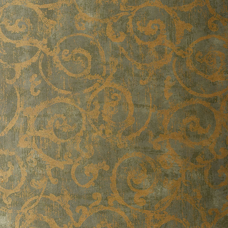 Teal-blue fabric with metallic gold scrolling damask pattern.