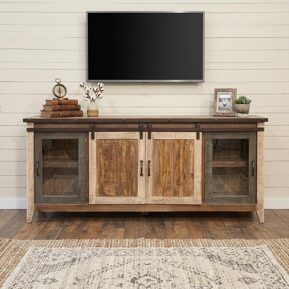 79" Brown Solid Wood Cabinet Enclosed Storage Distressed TV Stand