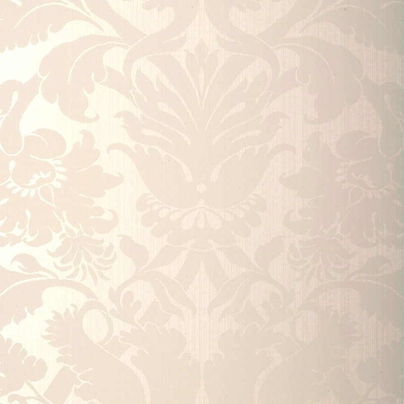 Beige damask-pattern wallpaper with subtle cream florals and scrolling ornamental motif