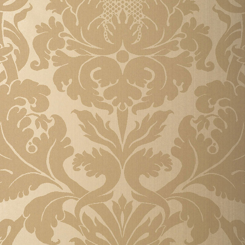 Beige damask wallpaper with ornate floral scrolls and symmetrical motifs.