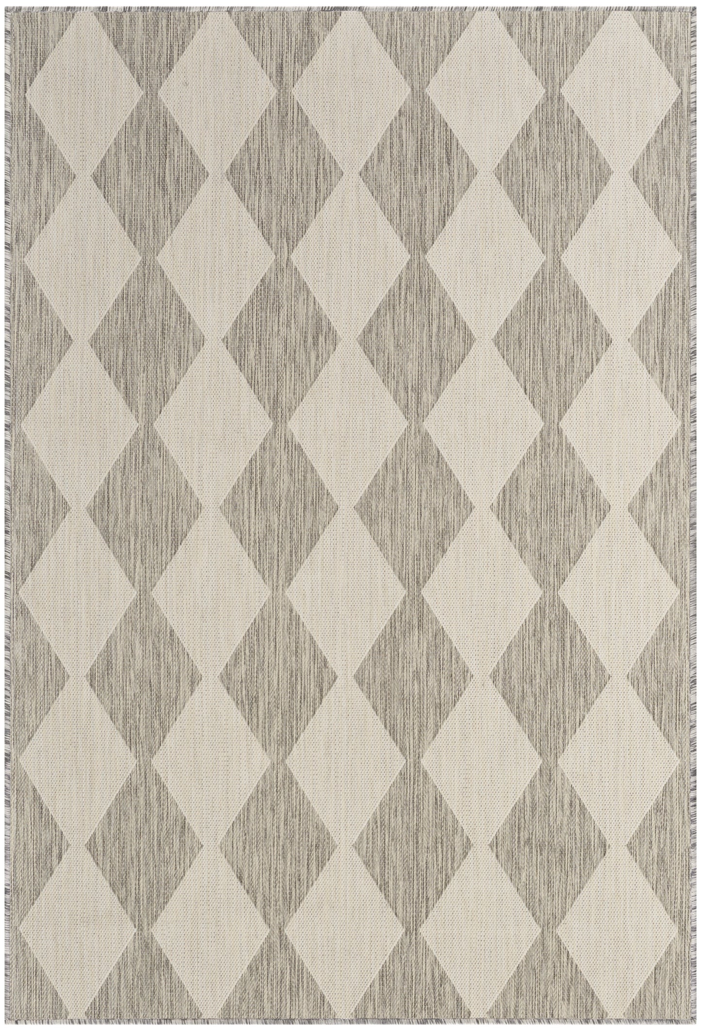 Beige & gray diamond trellis rug with woven texture; modern geometric area rug.