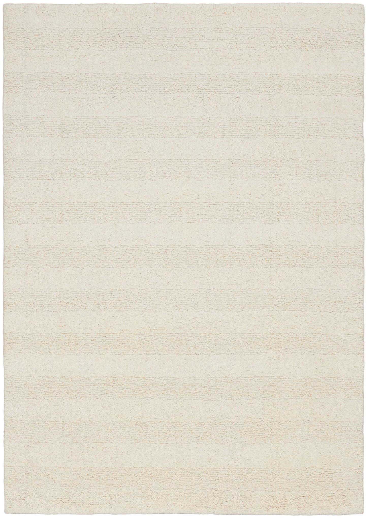 Cream beige rectangular area rug with subtle horizontal stripes and soft plush pile, 5' x 7'.