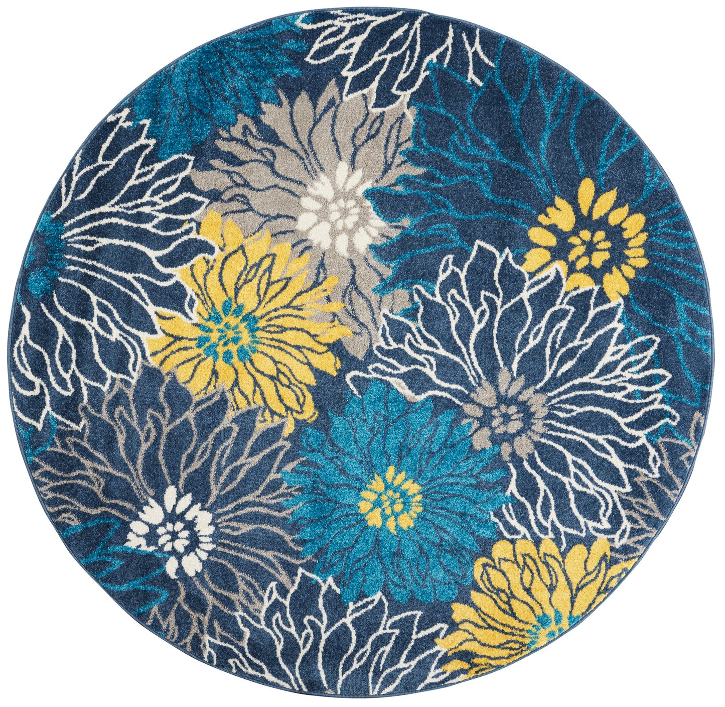 Round floral area rug with bold blue background and teal, yellow, white and gray flowers.