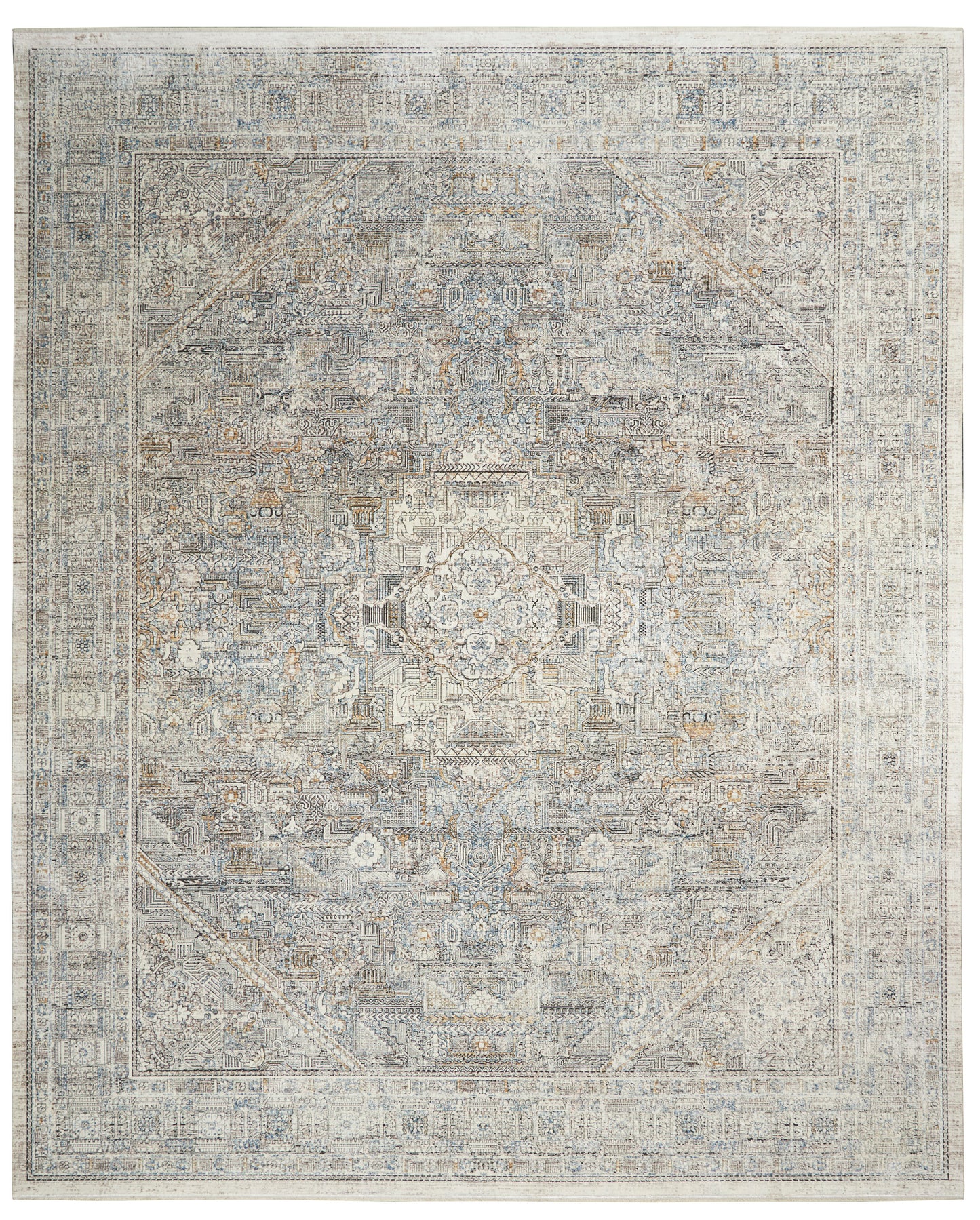 Rectangular distressed blue-gray oriental rug with central medallion, ivory floral motifs, and multiple borders.