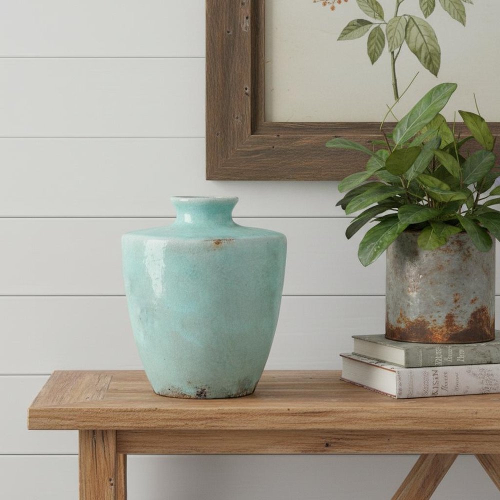 12" Aqua Terracotta Crackle Glaze Round Table Vase