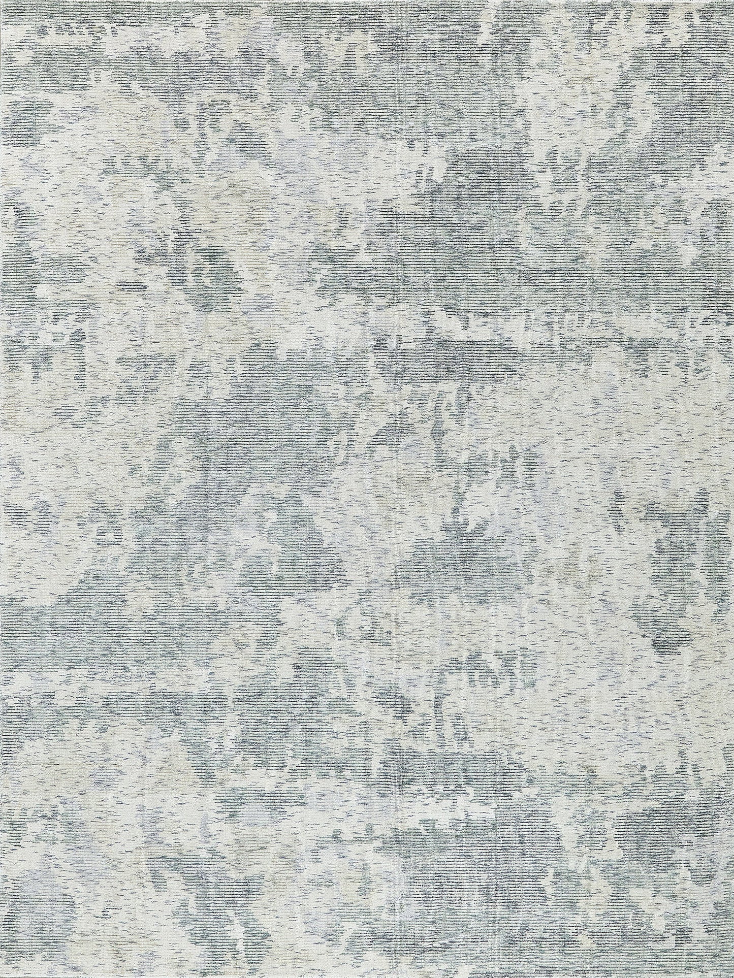 Blue-gray & ivory abstract rug with cloudy wash pattern; woven, low-pile, modern decor.