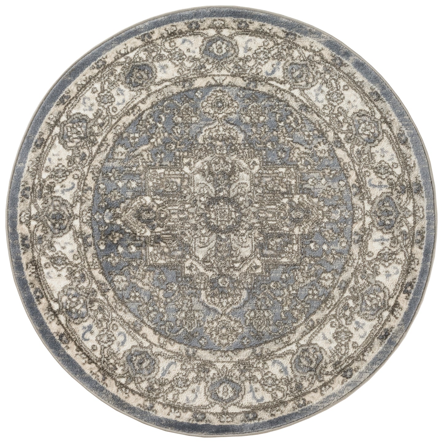 Round oriental-style rug in blue, ivory and gray with a distressed medallion center and ornate floral border.