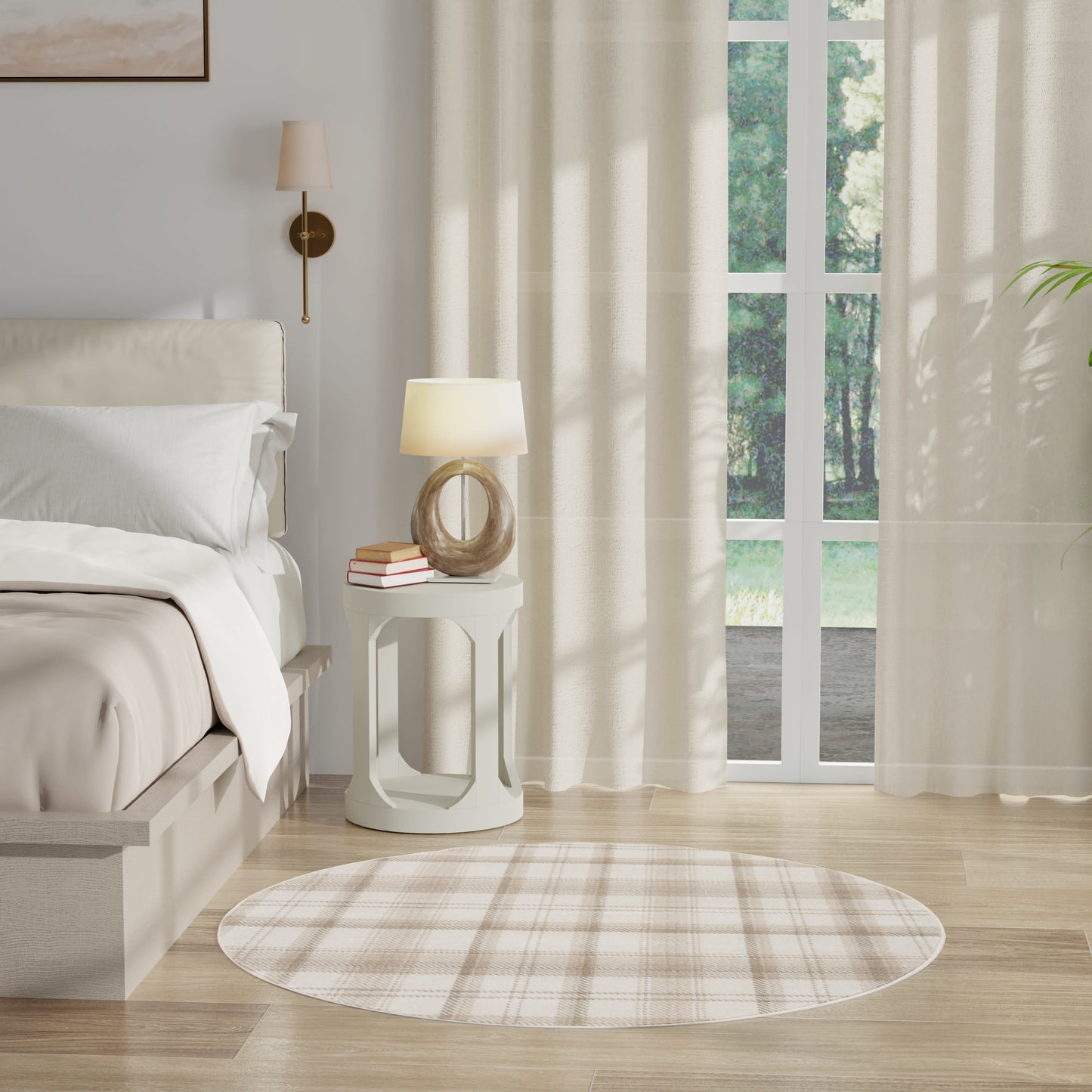 Neutral bedroom with round plaid rug, white nightstand, sculptural lamp, bed with white linens, and sheer beige curtains.