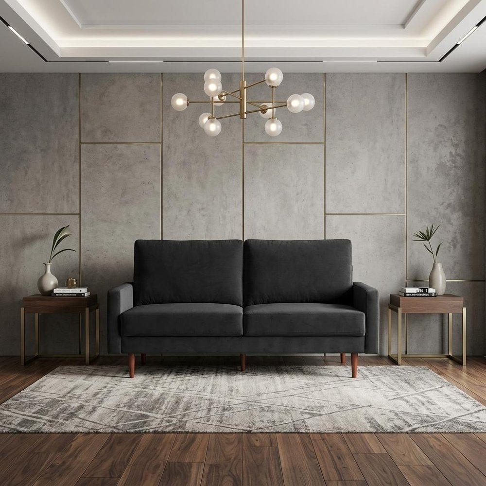69" Black Velvet Sofa With Dark Brown Legs