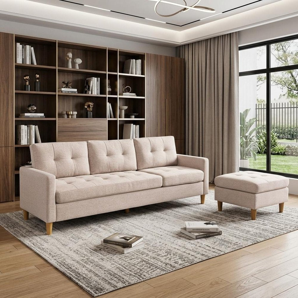 87" Beige Polyester Blend Sofa With Ottoman With Natural Legs