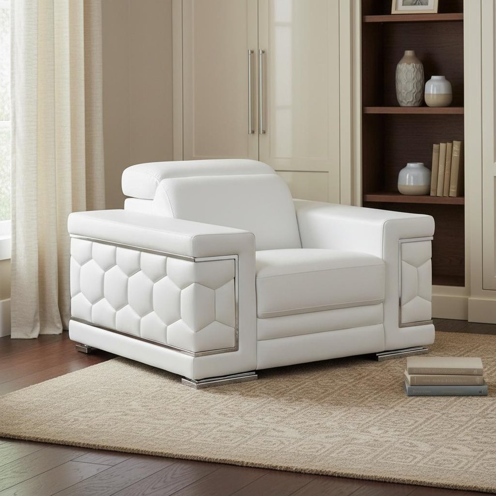47" White And Silver Genuine Leather Club Chair