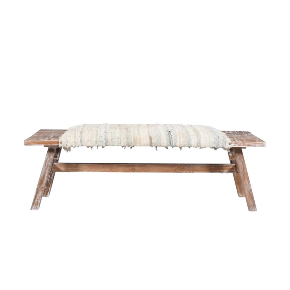 50" White and Brown Cotton Upholstered Striped Bench