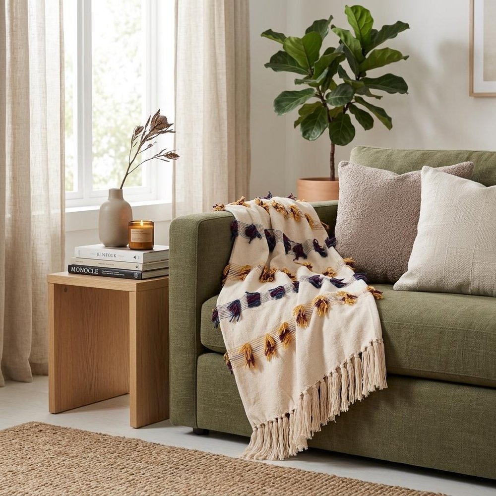 50" X 60" Ivory Blue and Yellow Woven Cotton Striped Throw Blanket with Tassels and Fringe