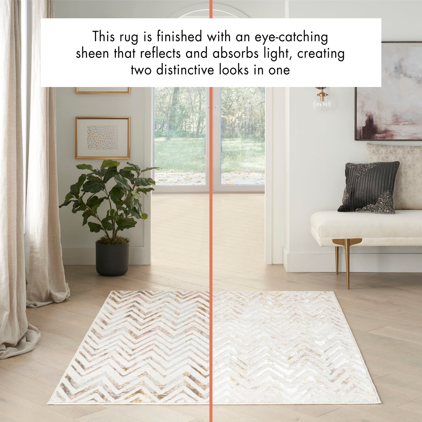 Rectangular low-pile chevron rug in beige and cream with a subtle metallic sheen, modern living room.