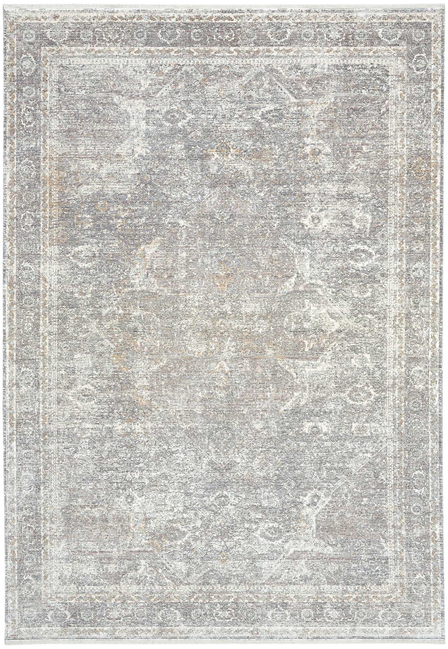 Distressed vintage grey area rug with muted ivory border and floral medallion, antique-inspired.