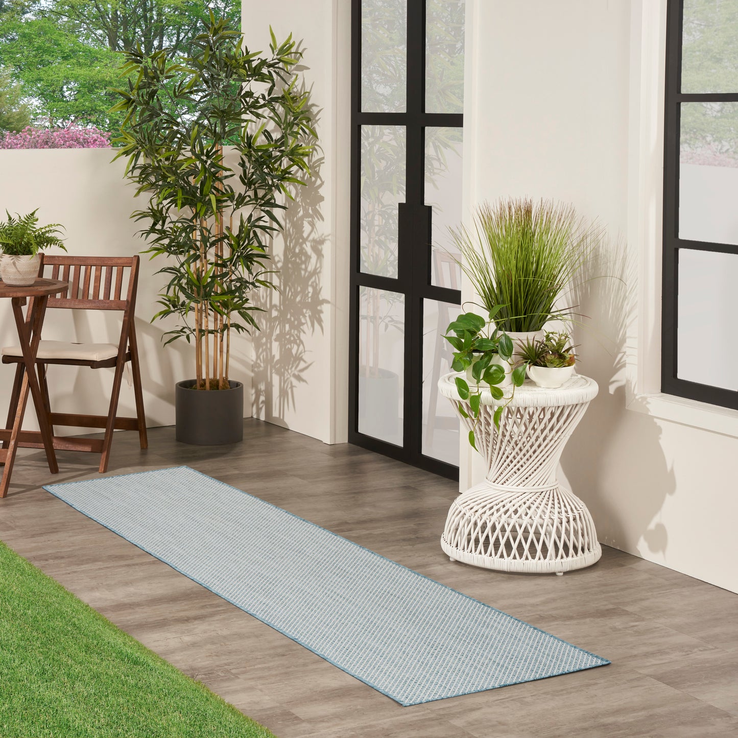 Blue textured rug runner on wood floor in bright entryway with potted plants and black-framed glass doors.
