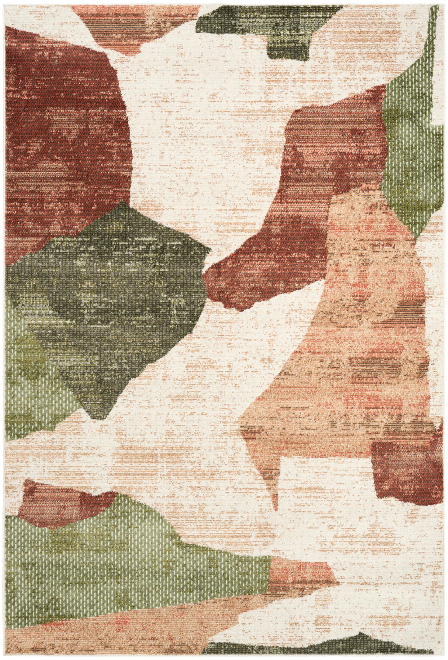 Abstract earthy rectangular rug with rust red, olive green and beige shapes; woven textured surface.