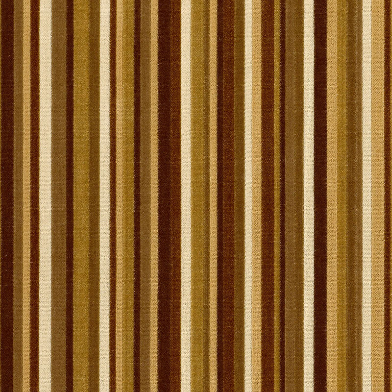 Velvet stripe fabric with a syncopated stripe pattern in chamois & mink tones; suitable for upholstery or curtains.