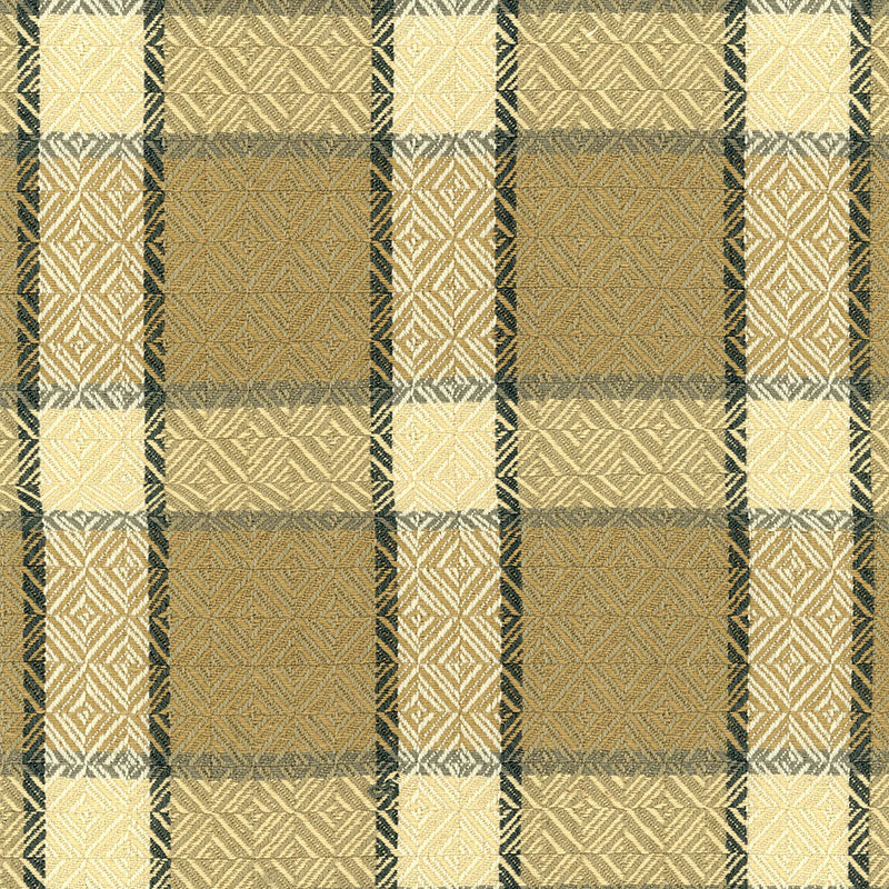 Beige-tan plaid woven fabric with cream squares and dark stripes; classic check pattern for throws or upholstery.