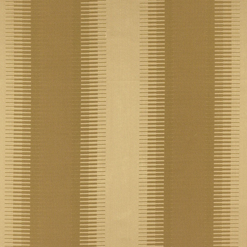 Warm brown and beige striped rug with a central light stripe and narrow woven bars in a geometric pattern.
