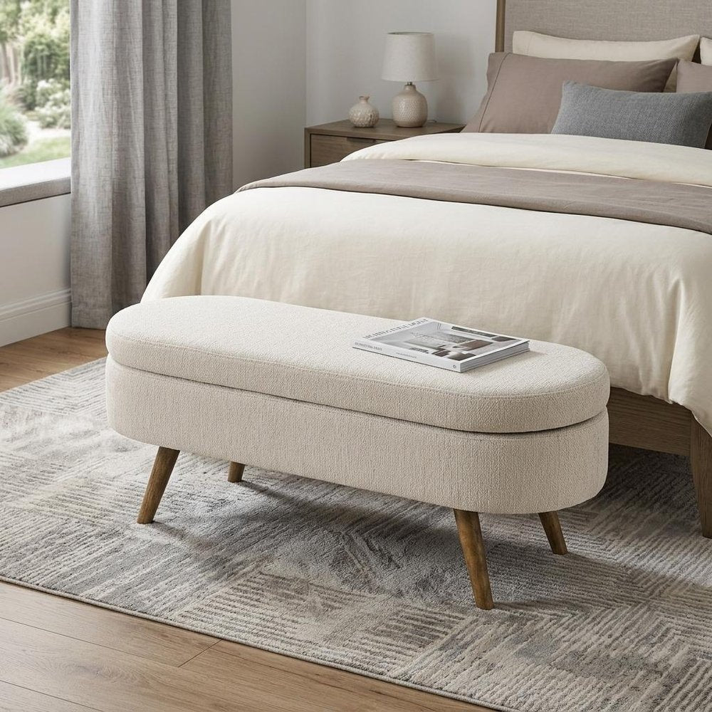 44" Beige and Brown Linen Upholstered Storage Bench with Flip Top