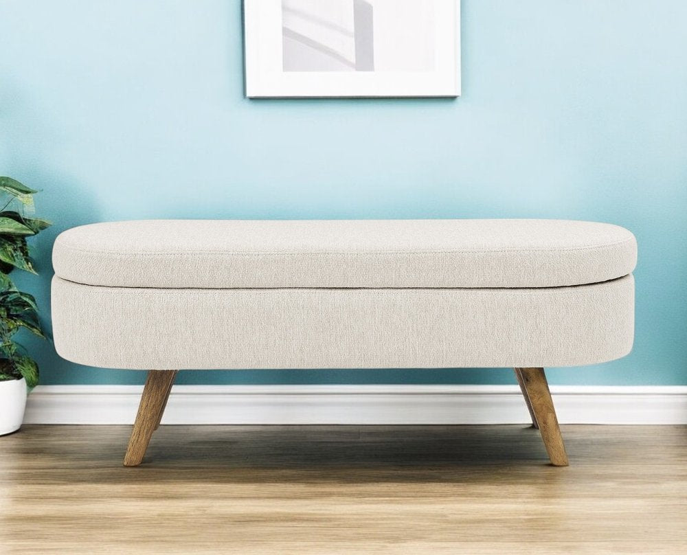 44" Beige and Brown Linen Upholstered Storage Bench with Flip Top