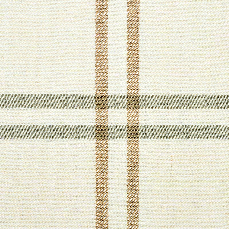 Beige woven fabric featuring a plaid pattern with light brown vertical stripes and gray horizontal bands.