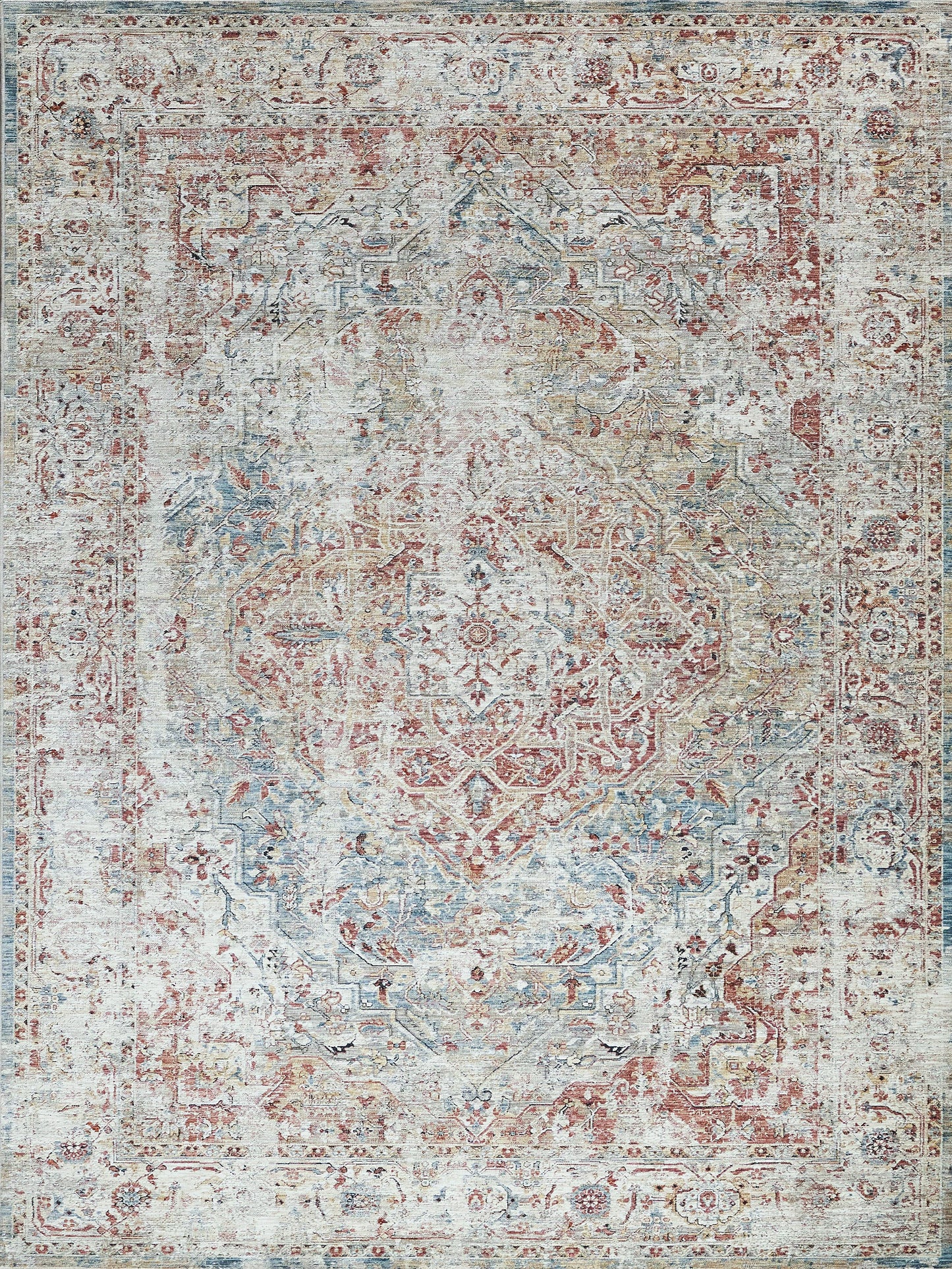 Distressed vintage oriental rug in blue, pink, and cream with a central medallion and ornate border.