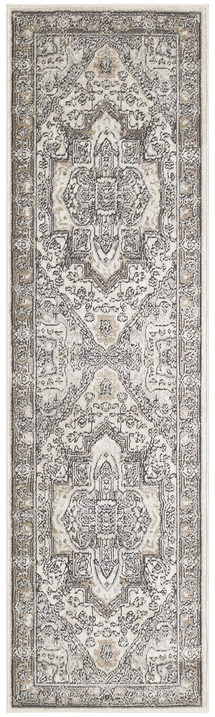Grey-beige Persian-style runner rug with central medallions and ornate floral borders.