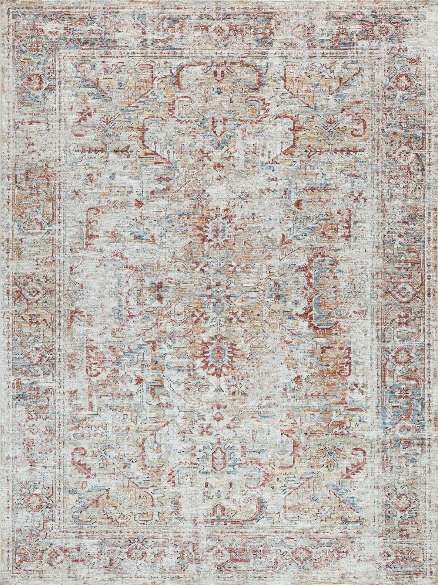 Distressed vintage Persian-style area rug, ivory base with blue and rust motifs, central medallion and ornate border.