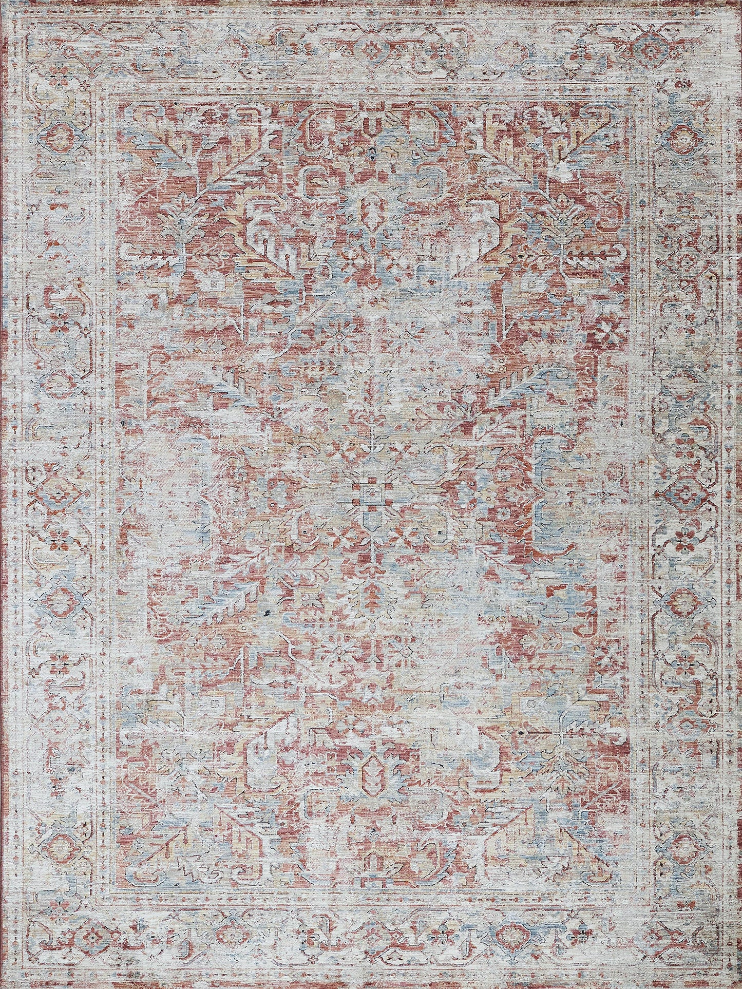 Distressed rug with faded red-pink center and pale blue-gray border; antique floral Persian-inspired pattern, rectangular.